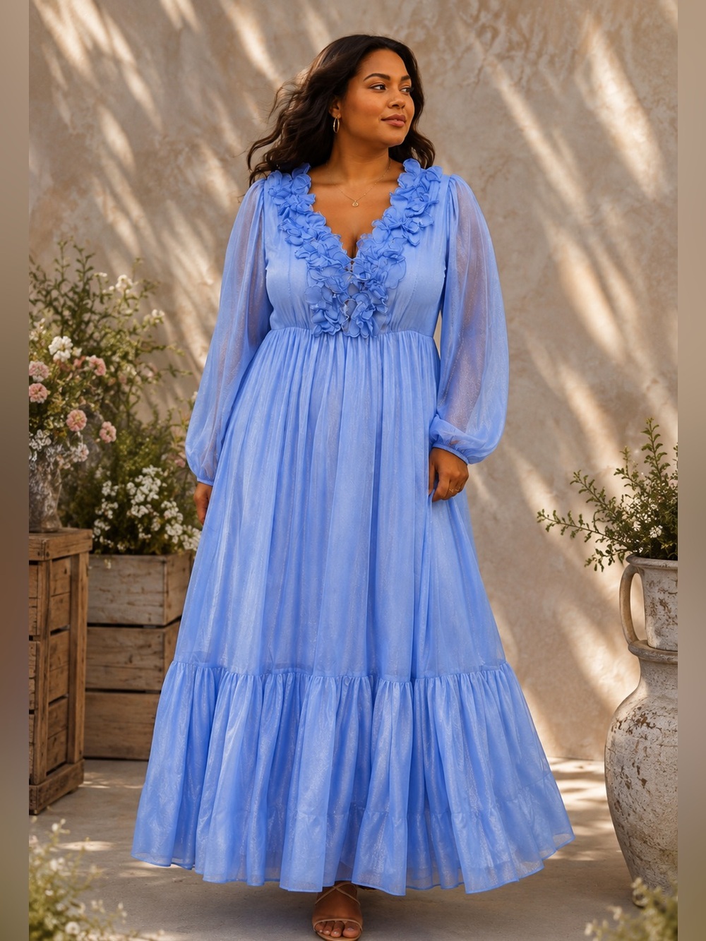 NWT RoseVelvet Boutique Powder Blue 3D Floral Appliqué Maxi Dress 1X,2X,3X